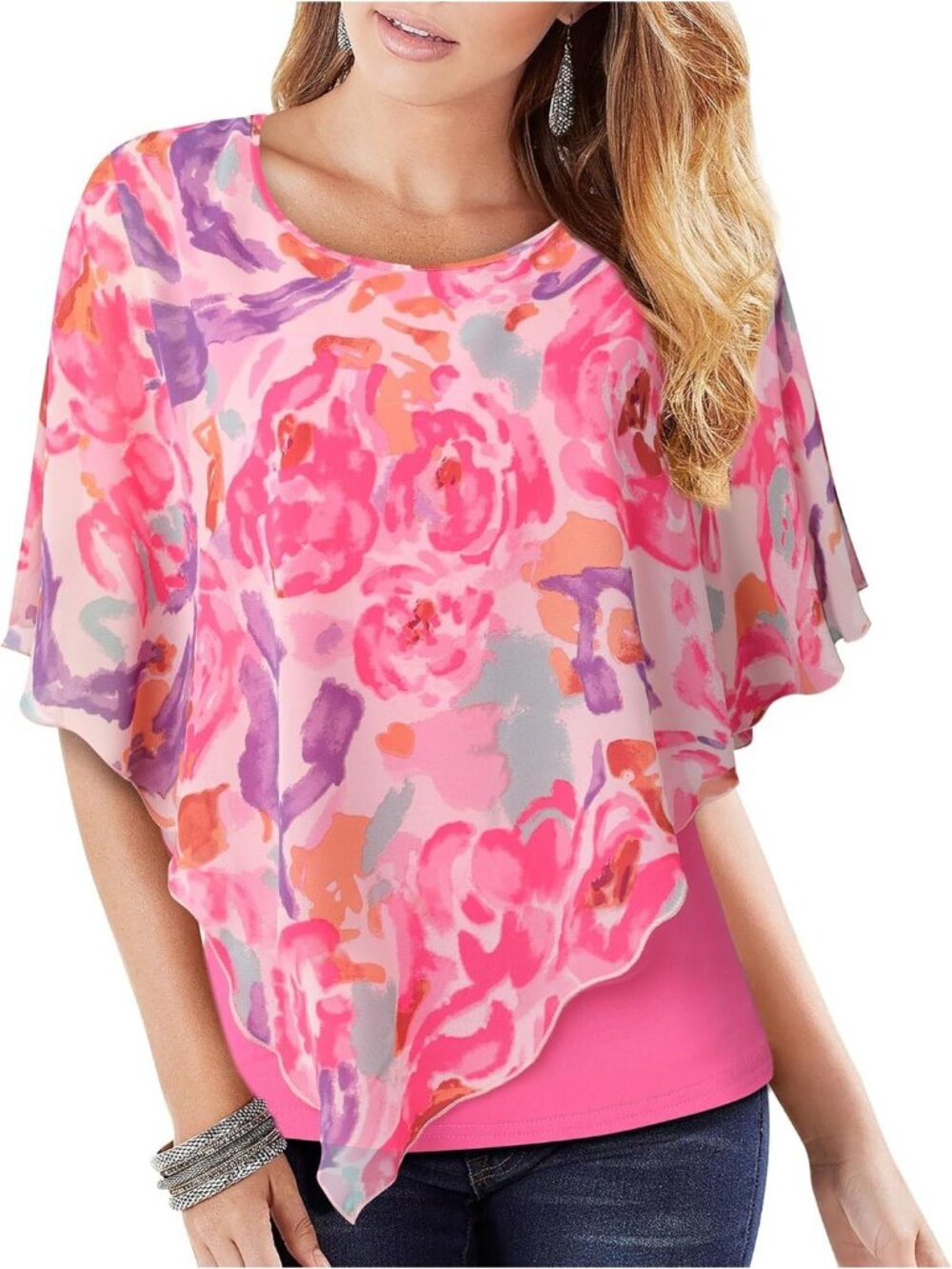 Women's Graffiti Rose Elegant Lightweight Flowy Shirt Double Layered Printed Top